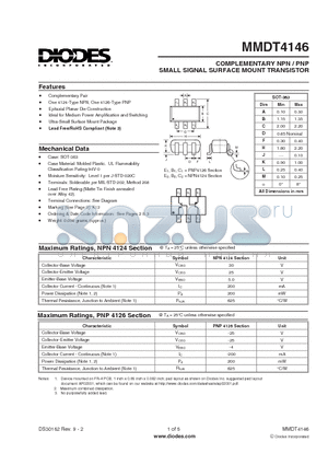 MMDT4146 datasheet - COMPLEMENTARY NPN / PNP SMALL SIGNAL SURFACE MOUNT TRANSISTOR