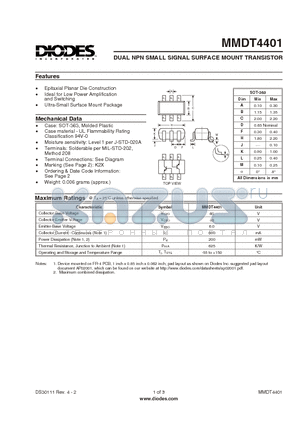 MMDT4401 datasheet - DUAL NPN SMALL SIGNAL SURFACE MOUNT TRANSISTOR