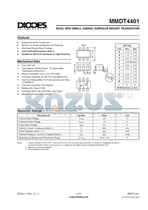 MMDT4401 datasheet - DUAL NPN SMALL SIGNAL SURFACE MOUNT TRANSISTOR