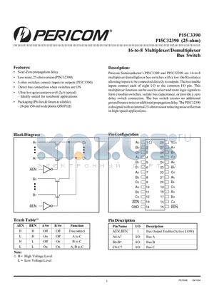 PI5C32390Q datasheet - 16-to-8 Multiplexer/Demultiplexer Bus Switch