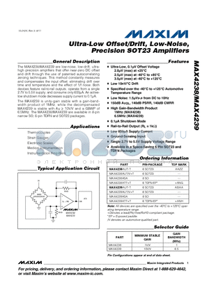 MAX4238AUT-T datasheet - Ultra-Low Offset/Drift, Low-Noise,Precision SOT23 Amplifiers