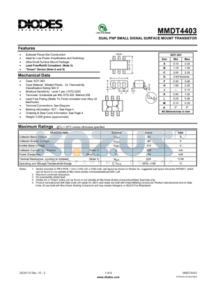 MMDT4403-7-F datasheet - DUAL PNP SMALL SIGNAL SURFACE MOUNT TRANSISTOR