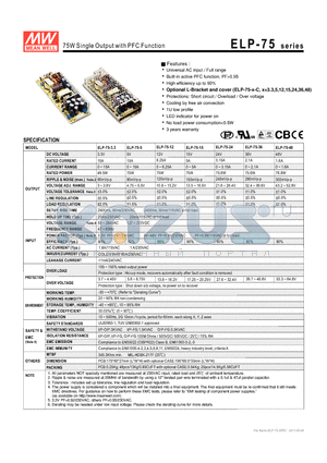 ELP-75-5 datasheet - 75W Single Output with PFC Function