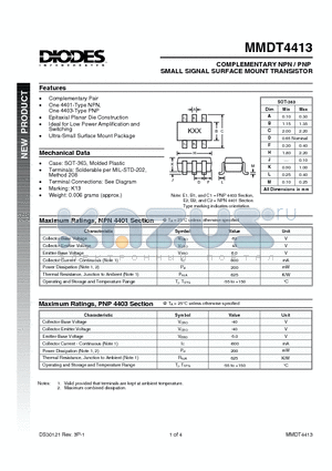 MMDT4413 datasheet - COMPLEMENTARY NPN/PNP SMALL SIGNAL SURFACE MOUNT TRANSISTOR