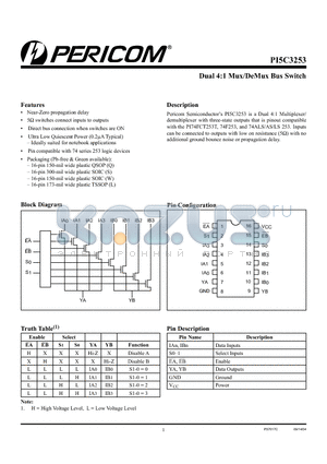 PI5C3253WE datasheet - Dual 4:1 Mux/DeMux Bus Switch