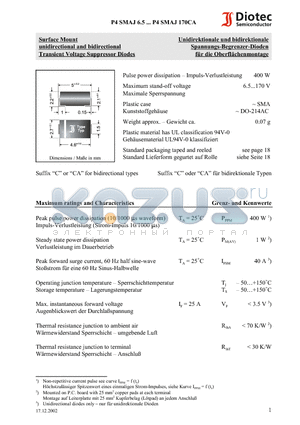 P4SMAJ9.0 datasheet - Surface Mount unidirectional and bidirectional Transient Voltage Suppressor Diodes