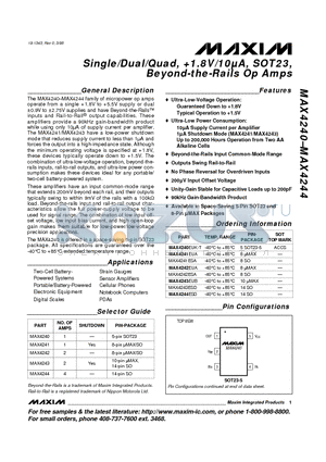 MAX4243 datasheet - Single/Dual/Quad, 1.8V/10lA, SOT23, Beyond-the-Rails Op Amps