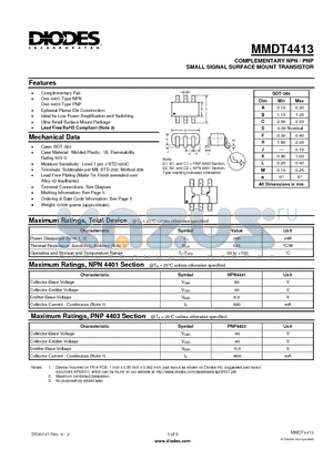 MMDT4413_1 datasheet - COMPLEMENTARY NPN / PNP SMALL SIGNAL SURFACE MOUNT TRANSISTOR