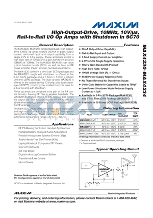 MAX4232 datasheet - High-Output-Drive, 10MHz, 10V/ls, Rail-to-Rail I/O Op Amps with Shutdown in SC70