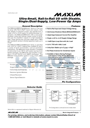 MAX4245AXT-T datasheet - Ultra-Small, Rail-to-Rail I/O with Disable, Single-/Dual-Supply, Low-Power Op Amps