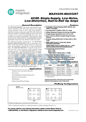 MAX4249EUB+ datasheet - UCSP, Single-Supply, Low-Noise, Low-Distortion, Rail-to-Rail Op Amps