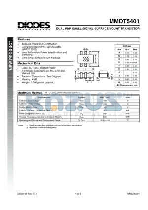 MMDT5401 datasheet - DUAL PNP SMALL SIGNAL SURFACE MOUNT TRANSISTOR