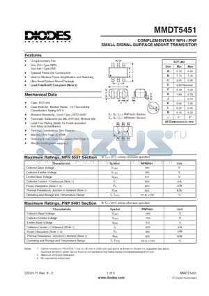 MMDT5451-7-F datasheet - COMPLEMENTARY NPN / PNP SMALL SIGNAL SURFACE MOUNT TRANSISTOR