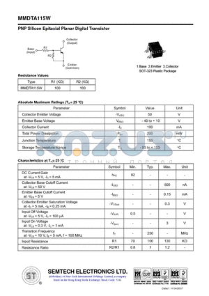 MMDTA115W datasheet - PNP Silicon Epitaxial Planar Digital Transistor
