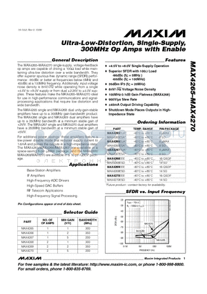 MAX4269EEE datasheet - Ultra-Low-Distortion, Single-Supply, 300MHz Op Amps with Enable