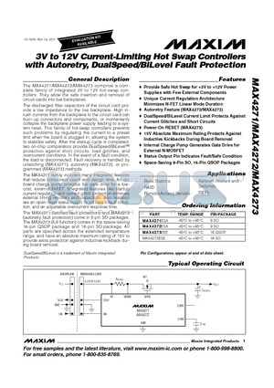 MAX4271ESA datasheet - 3V to 12V Current-Limiting Hot Swap Controllers with Autoretry, DualSpeed/BiLevel Fault Protection