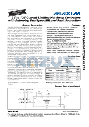 MAX4272ESA datasheet - 3V to 12V Current-Limiting Hot-Swap Controllers with Autoretry, DualSpeed/BiLevel Fault Protection