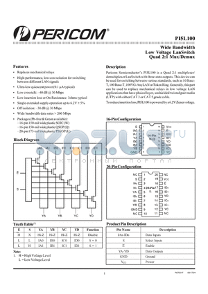 PI5L100 datasheet - Wide Bandwidth Low Voltage LanSwitch Quad 2:1 Mux/Demux