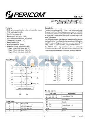 PI5V330Q datasheet - Low On-Resistance Wideband/Video Quad 2-Channel Mux/DeMux