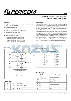 PI5V330S datasheet - Low On-Resistance Wideband/Video Quad 2-Channel Mux/DeMux
