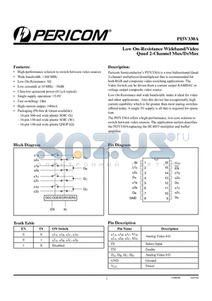 PI5V330AS datasheet - Low On-Resistance Wideband/Video Quad 2-Channel Mux/DeMux