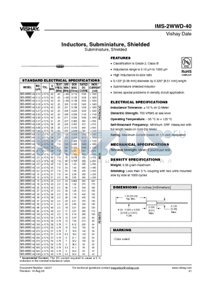 IMS-2WWD-40 datasheet - Inductors, Subminiature, Shielded