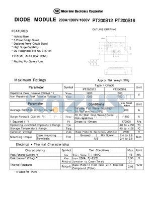 PT200S12 datasheet - DIODE MODULE 200A/1200V/1600V