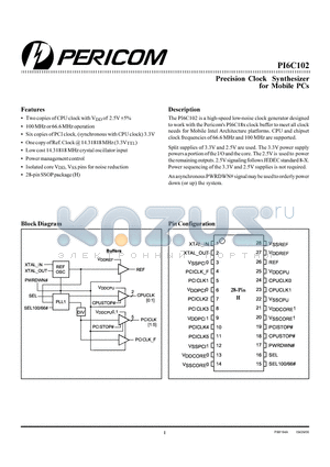 PI6C102H datasheet - Precision Clock Synthesizer for Mobile PCs
