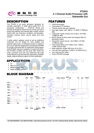 PT2033-S datasheet - 2.1 Channel Audio Processor with Subwoofer Out
