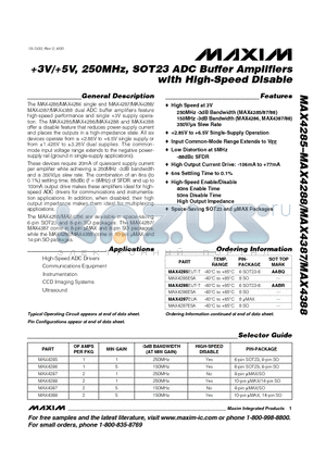 MAX4288 datasheet - 3V/5V, 250MHz, SOT23 ADC Buffer Amplifiers with High-Speed Disable