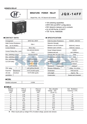 JQX-14FF181ZNIL datasheet - Single-Pole, 10A, PC Borad & QC terminal