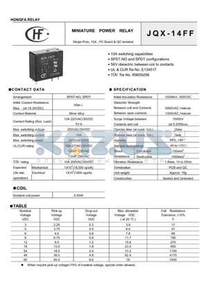JQX-14FF121ZS datasheet - Single-Pole, 10A, PC Borad & QC terminal
