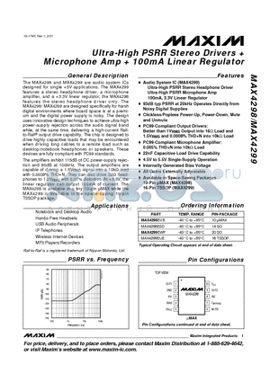 MAX4298 datasheet - Ultra-High PSRR Stereo Drivers  Microphone Amp  100mA Linear Regulator