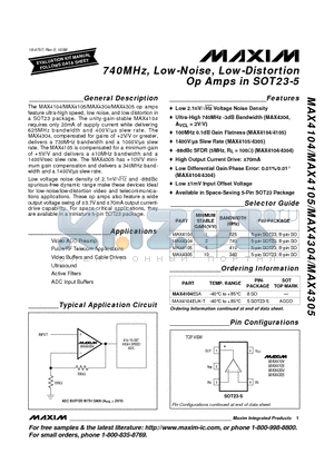 MAX4305 datasheet - 740MHz, Low-Noise, Low-Distortion Op Amps in SOT23-5