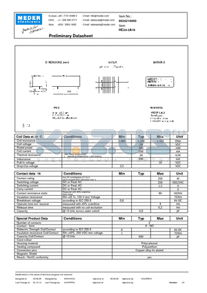 HE24-2A16 datasheet - HE Reed Relay