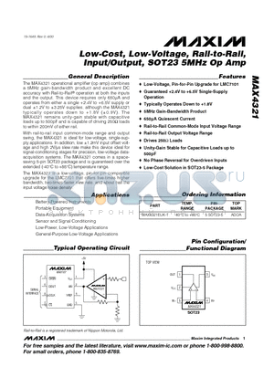 MAX4321EUK-T datasheet - Low-Cost, Low-Voltage, Rail-to-Rail, Input/Output, SOT23 5MHz Op Amp