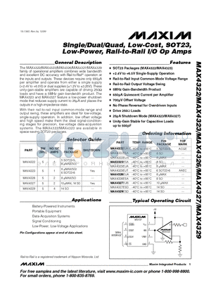 MAX4322 datasheet - Single/Dual/Quad, Low-Cost, SOT23, Low-Power, Rail-to-Rail I/O Op Amps
