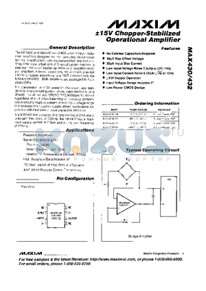 MAX432EPA datasheet - a15V Chopper-Stabilized Operational Amplifier