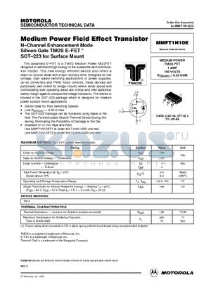 MMFT1N10 datasheet - MEDIUM POWER TMOS FET 1 AMP 100 VOLTS