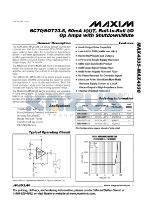 MAX4338EUB datasheet - SC70/SOT23-8, 50mA IOUT, Rail-to-Rail I/O Op Amps with Shutdown/Mute