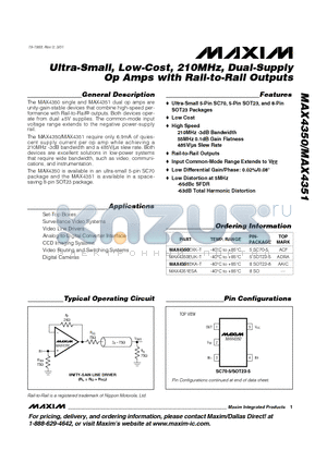 MAX4350EXK-T datasheet - Ultra-Small, Low-Cost, 210MHz, Dual-Supply Op Amps with Rail-to-Rail Outputs