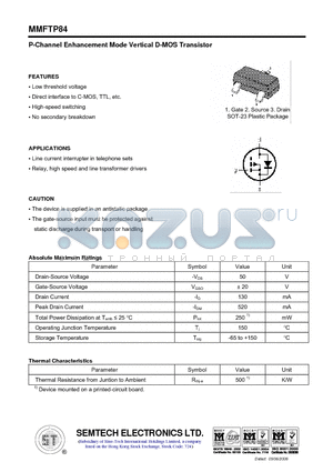 MMFTP84 datasheet - P-Channel Enhancement Mode Vertical D-MOS Transistor