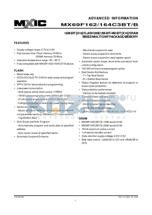 MX69F162 datasheet - 16M-BIT [X16] FLASH AND 2M-BIT/4M-BIT [X16] SRAM MIXED MULTI CHIP PACKAGE MEMORY