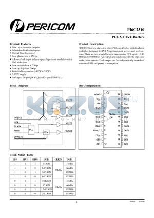 PI6C2310L datasheet - Low skew, low jitter, PLL clock buffer with divider or multiplier
