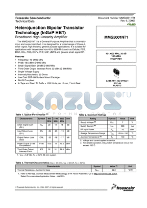 MMG3001NT1 datasheet - Heterojunction Bipolar Transistor Technology (InGaP HBT)