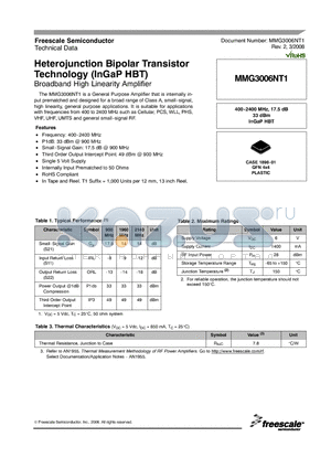 MMG3006NT1 datasheet - Heterojunction Bipolar Transistor Technology (InGaP HBT)
