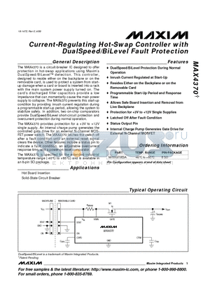 MAX4370ESA datasheet - Current-Regulating Hot-Swap Controller with DualSpeed/BiLevel Fault Protection
