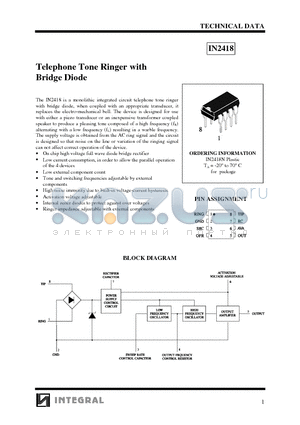 IN2418 datasheet - Telephone Tone Ringer with Bridge Diode