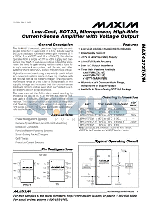 MAX4372T datasheet - Low-Cost, SOT23, Micropower, High-Side Current-Sense Amplifier with Voltage Output