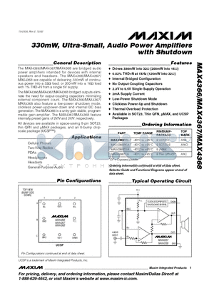 MAX4367 datasheet - 330mW, Ultra-Small, Audio Power Amplifiers with Shutdown
